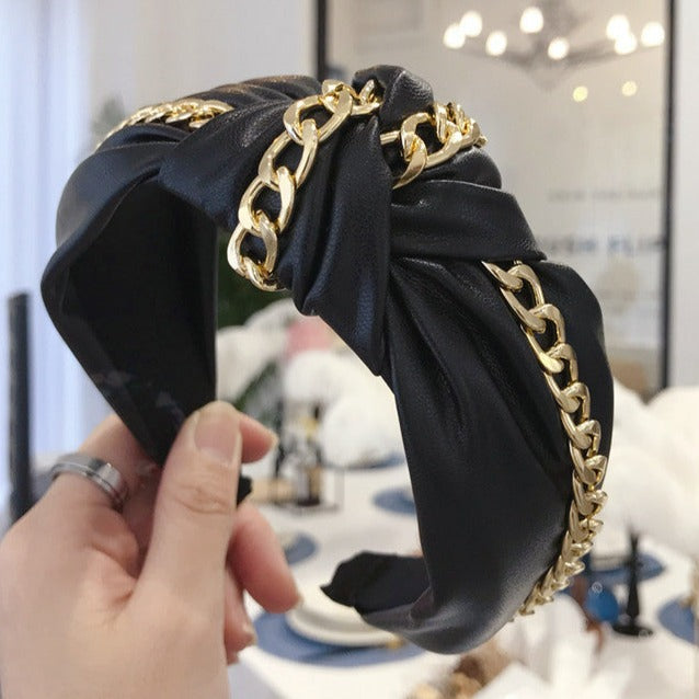 THICK BLACK AND GOLD CHAIN LEATHER HEADBAND-Sissy Boutique