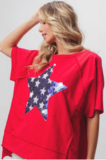 USA RED UNEVEN HEM TOP WITH BLUE & WHITE STAR SEQUINS DESIGN-Sissy Boutique