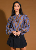 BLUE AND BROWN SATIN JACQUARD LONG SLEEVE TOP-Best & Best