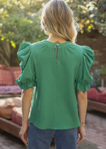 GREEN PLEATED PUFF SHORT SLEEVE TOP-Sissy Boutique