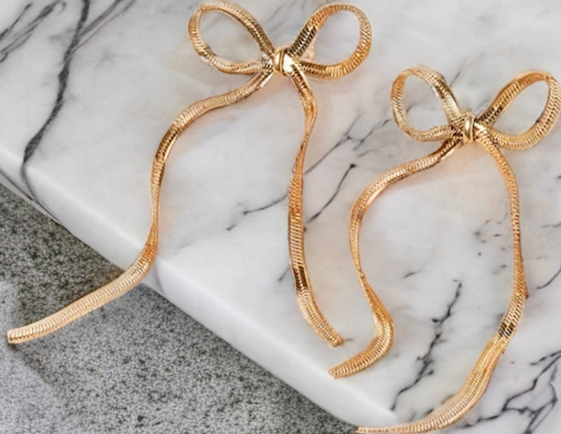 GOLD BOW TIE HERRINGBONE DROP EARRINGS-Sissy Boutique