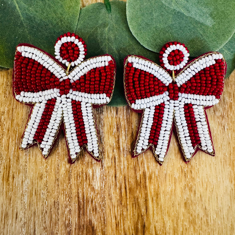 UNIVERSITY OF ALABAMA BOW SEEDBEAD EARRINGS-Sissy Boutique