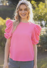 PINK PLEATED PUFF SHORT SLEEVE TOP-Sissy Boutique