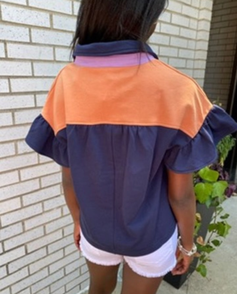 NAVY, ORANGE, PURPLE COLOR BLOCK FRENCH TERRY RUFFLE SWEAT TOP-VOY-Sissy Boutique