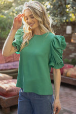 GREEN PLEATED PUFF SHORT SLEEVE TOP-Sissy Boutique