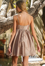 Taupe Shimmery Tie Front Mini Dress with Thin Adjustable Straps