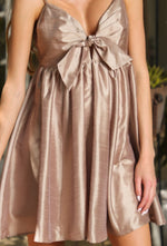 Taupe Shimmery Tie Front Mini Dress with Thin Adjustable Straps