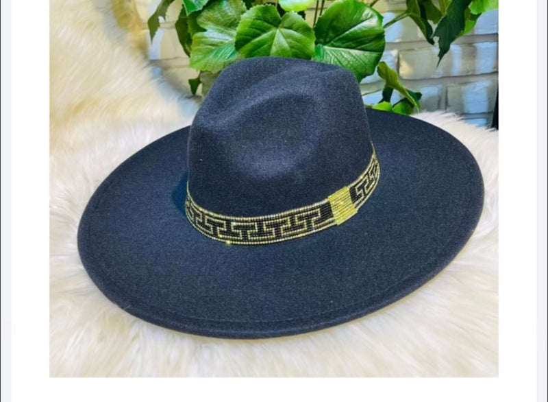 BLACK FLAT BRIM HAT WITH GOLD DETAILING-Sissy Boutique