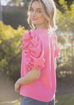 PINK PLEATED PUFF SHORT SLEEVE TOP-Sissy Boutique