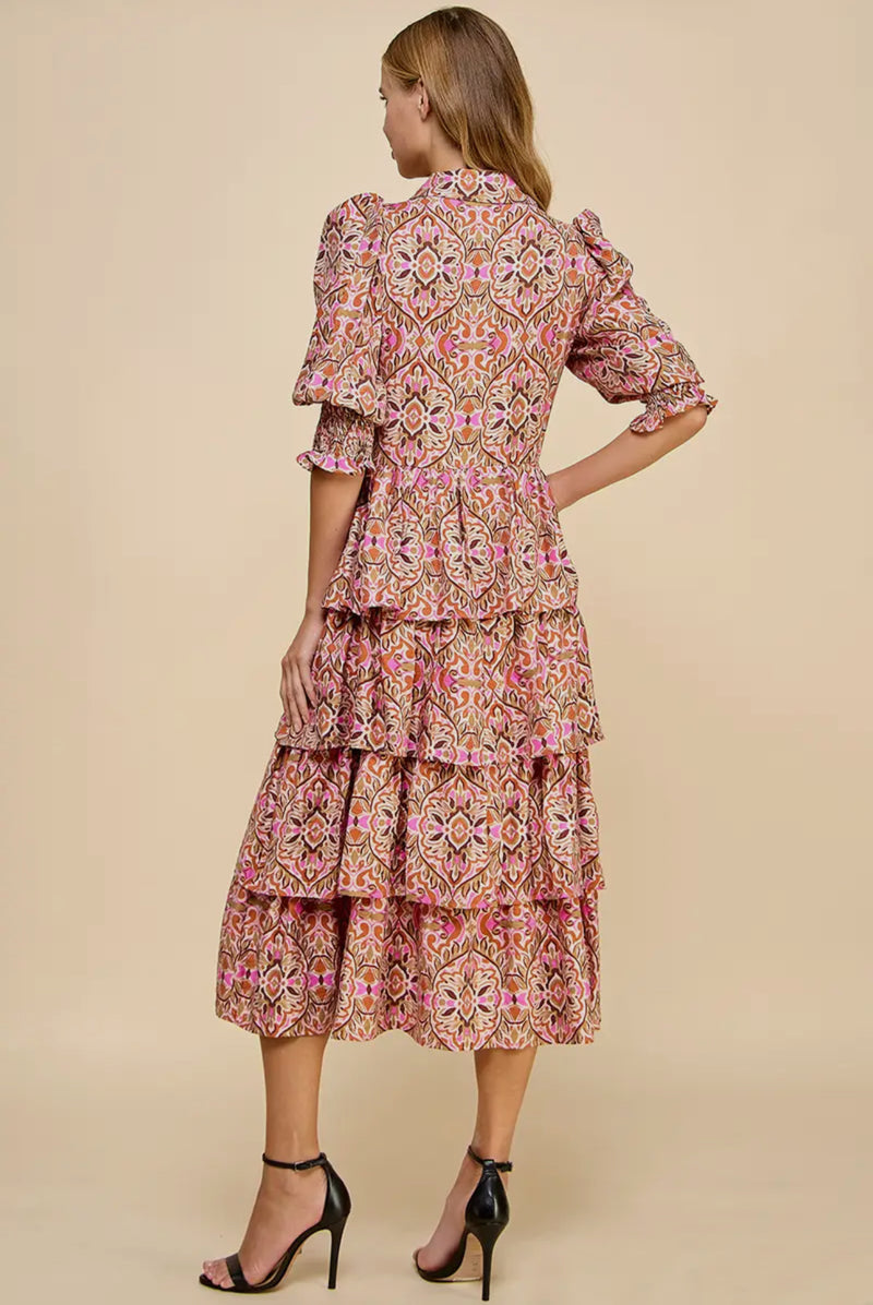 FALL MULTICOLORED TIERED RUFFLED MIDI-DRESS WITH RUFFLE SLEEVE-TCEC