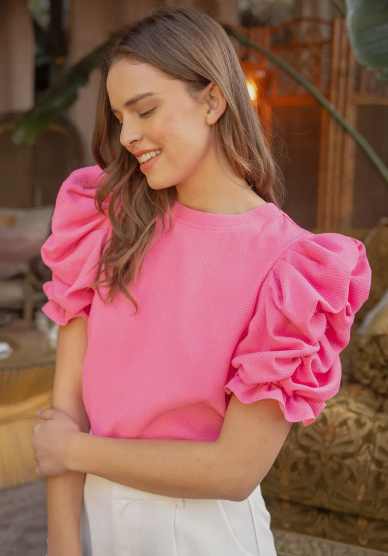 PINK PLEATED PUFF SHORT SLEEVE TOP-Sissy Boutique