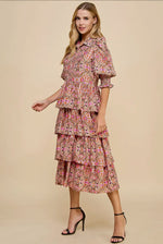 FALL MULTICOLORED TIERED RUFFLED MIDI-DRESS WITH RUFFLE SLEEVE-TCEC