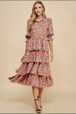 FALL MULTICOLORED TIERED RUFFLED MIDI-DRESS WITH RUFFLE SLEEVE-TCEC