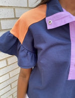 NAVY, ORANGE, PURPLE COLOR BLOCK FRENCH TERRY RUFFLE SWEAT TOP-VOY-Sissy Boutique