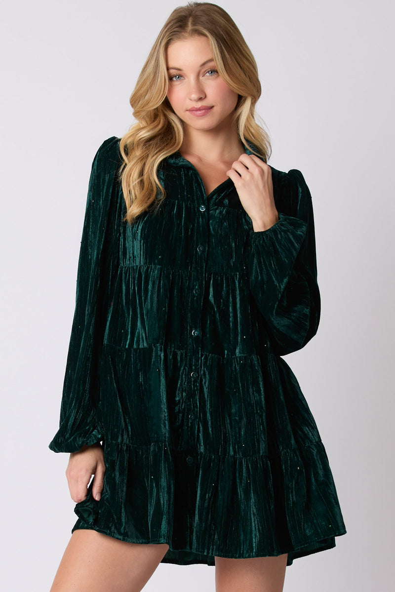 HUNTER GREEN CRUSHED VELVET MINI DRESS WITH RHINESTONES-Sissy Boutique