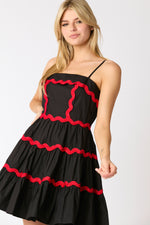 BLACK AND RED RICRAC TIERED DRESS-Sissy Boutique