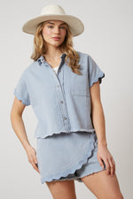 DUSTY BLUE ACID WASH TWILL SHIRT-Sissy Boutique