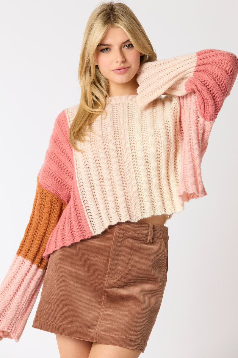 CABLE RIB MULTI COLOR BLOCK CROP SWEATER-Peach Love California