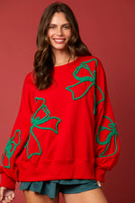 CHRISTMAS GREEN BOW OVERSIZED RED SWEATSHIRT-Sissy Boutique