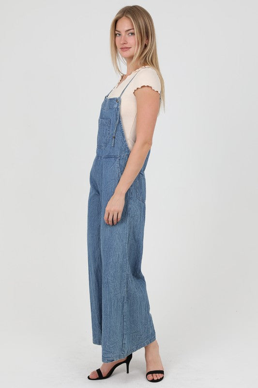 MEDIUM DENIM WIDE LEG DENIM OVERALL JUMPSUIT-Angie