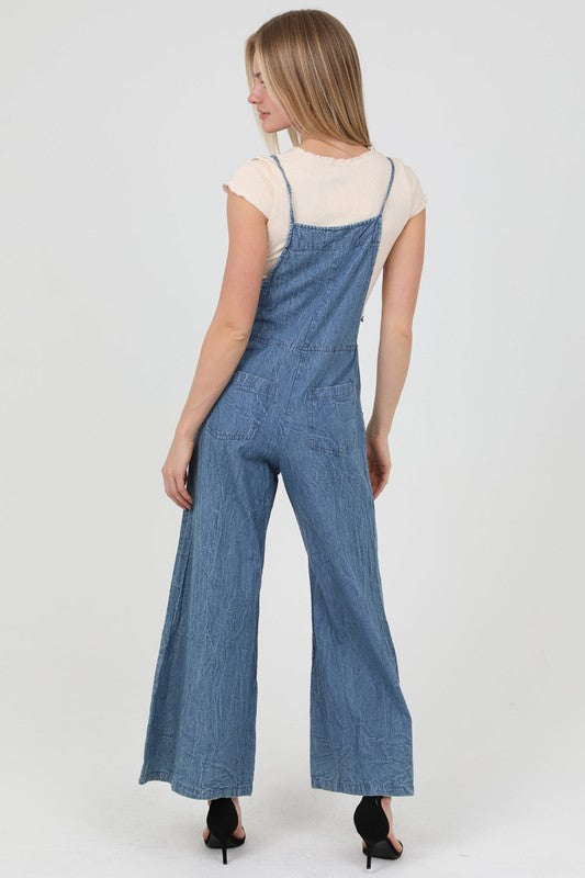 MEDIUM DENIM WIDE LEG DENIM OVERALL JUMPSUIT-Angie