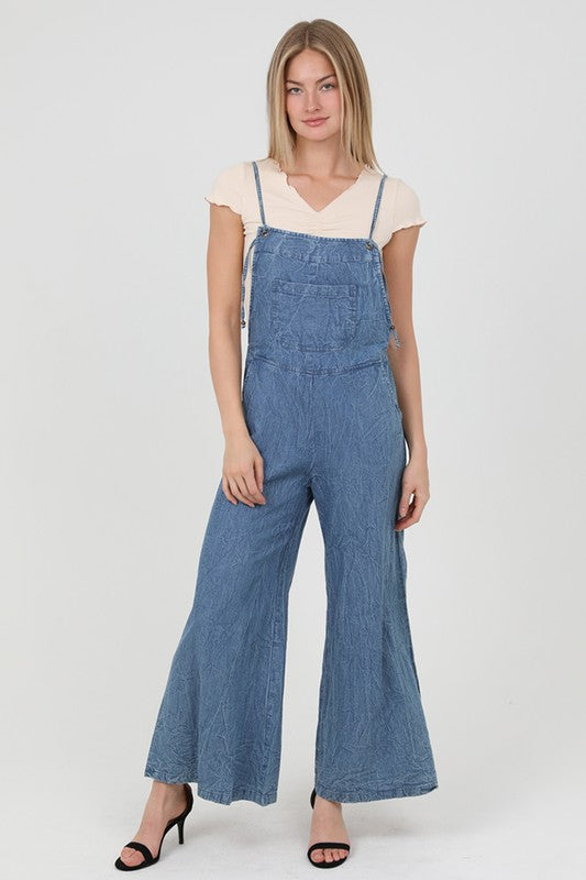 MEDIUM DENIM WIDE LEG DENIM OVERALL JUMPSUIT-Angie