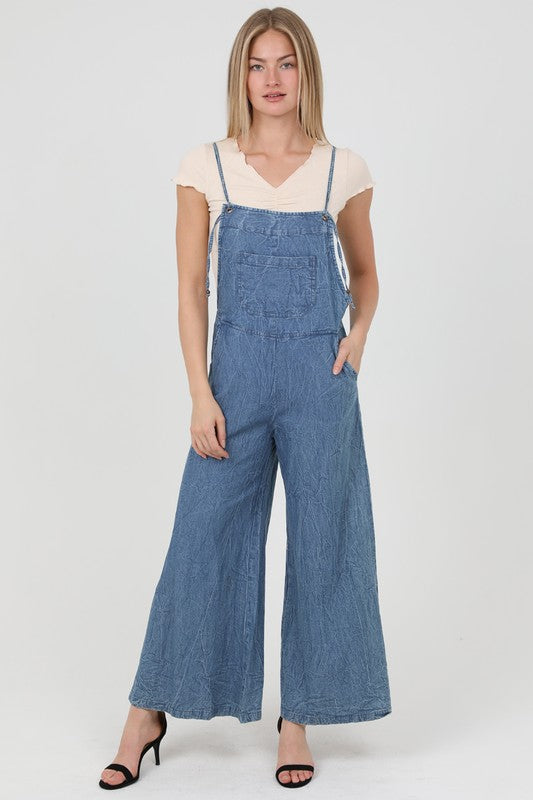 MEDIUM DENIM WIDE LEG DENIM OVERALL JUMPSUIT-Angie