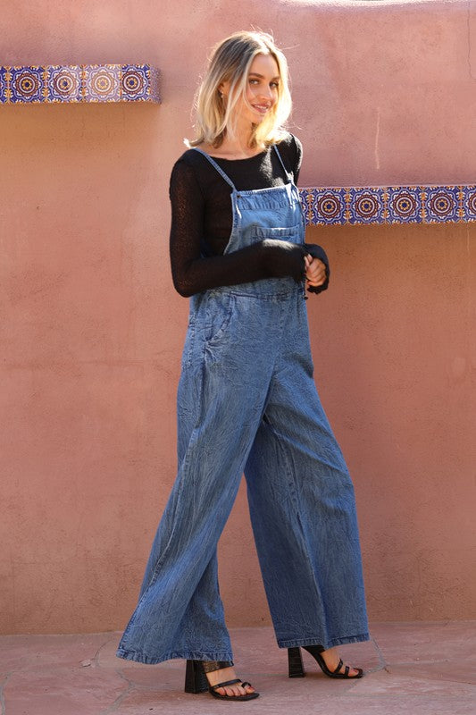 MEDIUM DENIM WIDE LEG DENIM OVERALL JUMPSUIT-Angie