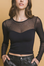 Black Sheer Mesh and Rhinestone Contrast Top-Sissy Boutique