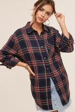 PLAID NAVY AND RED BUTTON DOWN FLANNEL COLLARED SHIRT WITH CHEST POCKET-Sissy Boutique