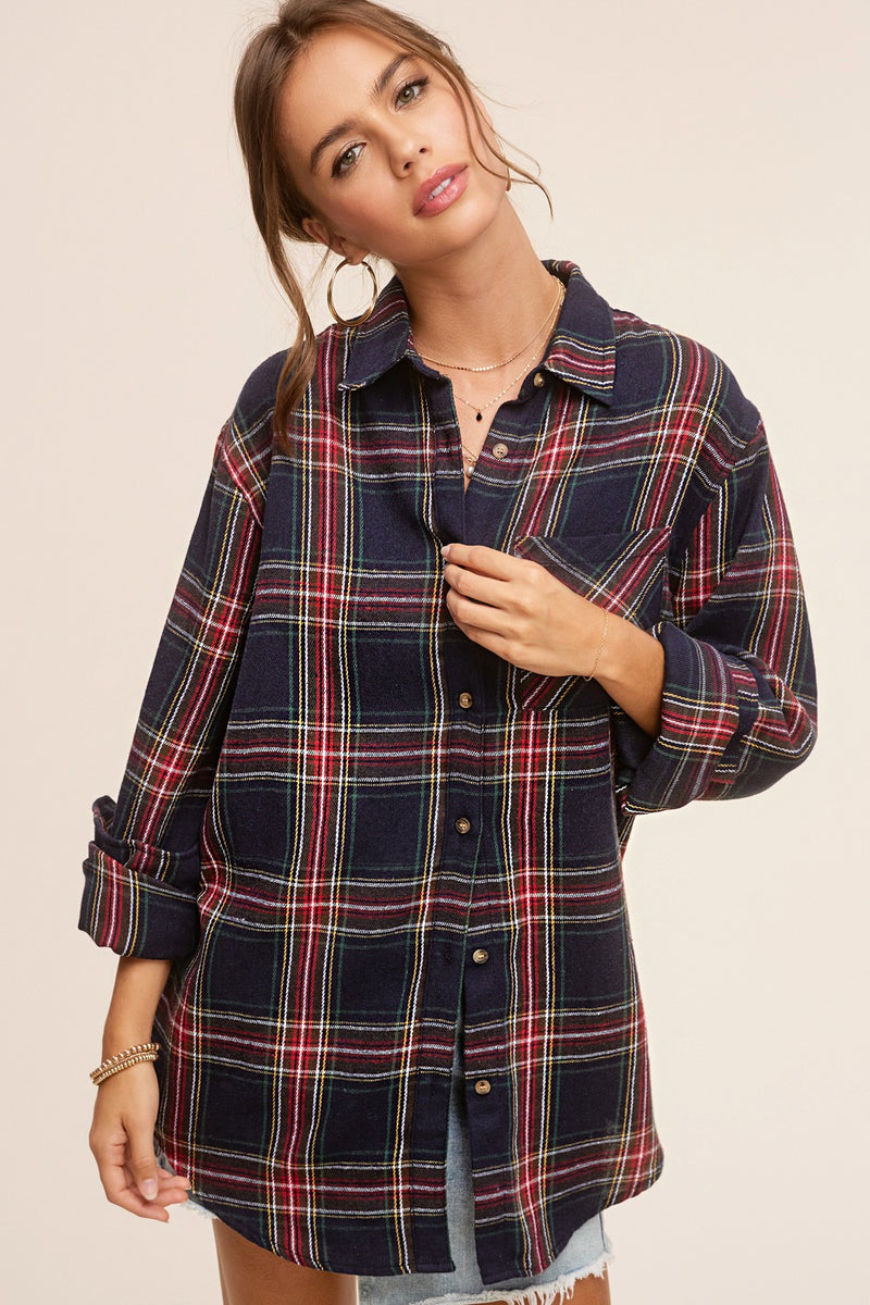 PLAID NAVY AND RED BUTTON DOWN FLANNEL COLLARED SHIRT WITH CHEST POCKET-Sissy Boutique