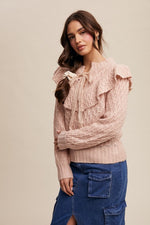 Mute Pink Weaved Knit Tie Front Sweater-Listicle-Sissy Boutique