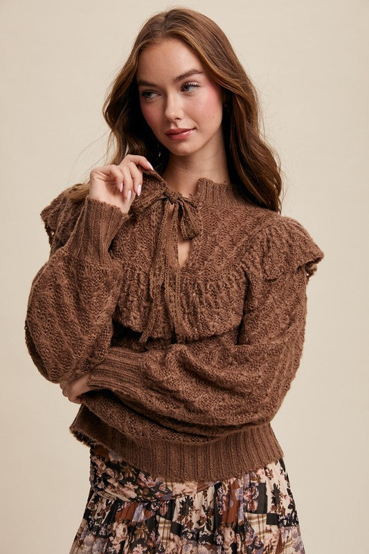 Mocha Brown Weaved Knor Tie Front Sweater-Listicle-Sissy Boutique