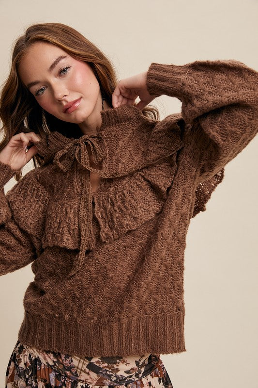 Mocha Brown Weaved Knor Tie Front Sweater-Listicle-Sissy Boutique