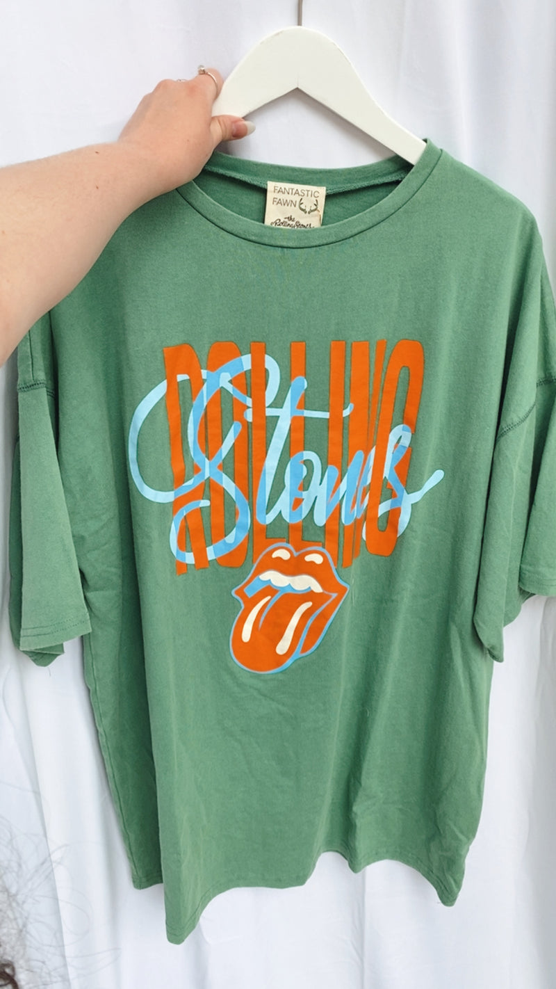 GREEN AND ORANGE ROLLING STONES GRAPHIC BAND TEE-Fantastic Fawn