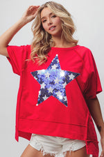 USA RED UNEVEN HEM TOP WITH BLUE & WHITE STAR SEQUINS DESIGN-Sissy Boutique