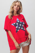 USA RED UNEVEN HEM TOP WITH BLUE & WHITE STAR SEQUINS DESIGN-Sissy Boutique