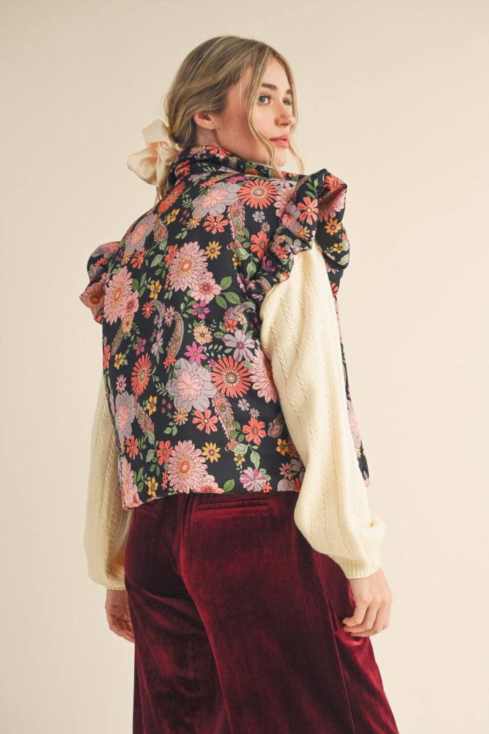 BLACK AND FLORAL RUFFLE SLEEVED PUFF VEST-&merci