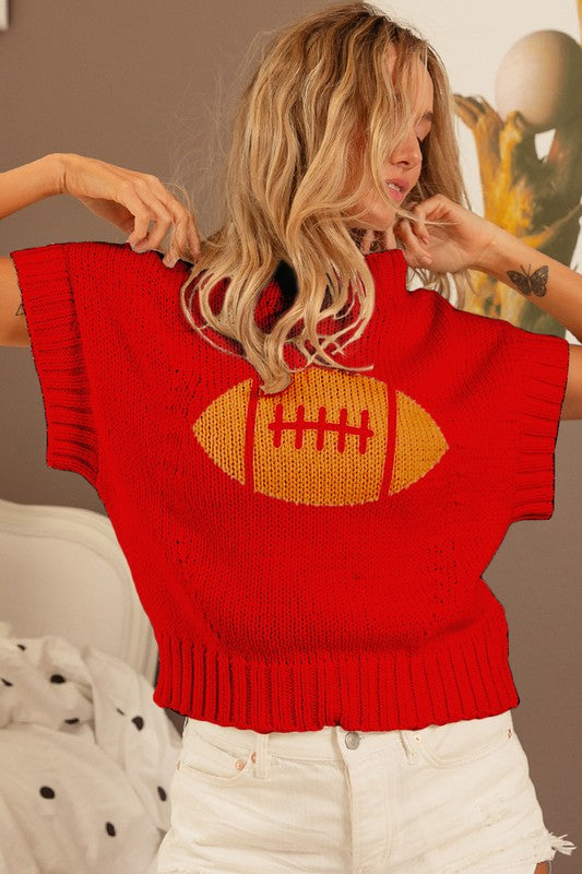 RED FOOTBALL TURTLE NECK SHORT SLEEVE SWEATER-Sissy Boutique