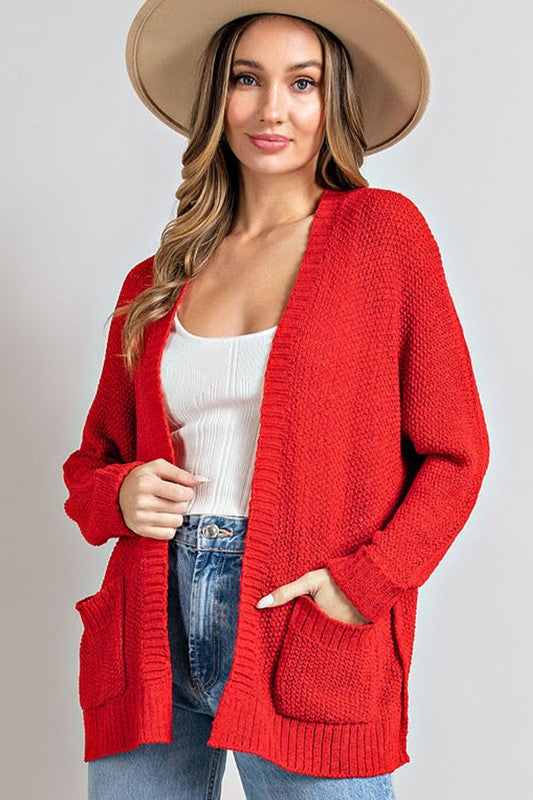 Red Slouchy Knit Cardigan with Front Pockets-Eesome-Sissy Boutique