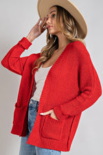 Red Slouchy Knit Cardigan with Front Pockets-Eesome-Sissy Boutique