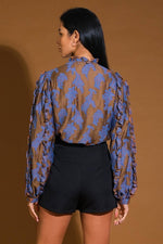 BLUE AND BROWN SATIN JACQUARD LONG SLEEVE TOP-Best & Best