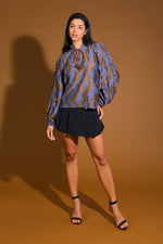 BLUE AND BROWN SATIN JACQUARD LONG SLEEVE TOP-Best & Best