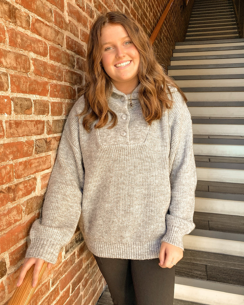 GRAY KNIT COLLARED PULLOVER SWEATER WITH BUTTON DETAILING-Sissy Boutique-Sissy Boutique