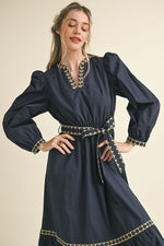 Navy Embroidered Puff Sleeve V-Neck Belted Midi Dress-&merci