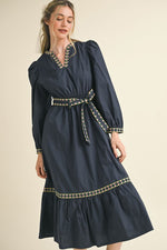 Navy Embroidered Puff Sleeve V-Neck Belted Midi Dress-&merci