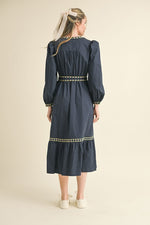 Navy Embroidered Puff Sleeve V-Neck Belted Midi Dress-&merci