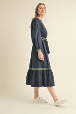 Navy Embroidered Puff Sleeve V-Neck Belted Midi Dress-&merci