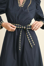 Navy Embroidered Puff Sleeve V-Neck Belted Midi Dress-&merci