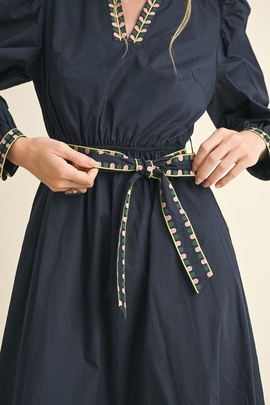 Navy Embroidered Puff Sleeve V-Neck Belted Midi Dress-&merci